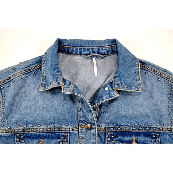 FREE PEOPLE Studded Original Denim Jean Distressed B/F Trucker Jacket Womens S‎ - Picture 12 of 16
